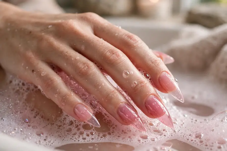 Stiletto bubble bath nails in sheer pink on real hands