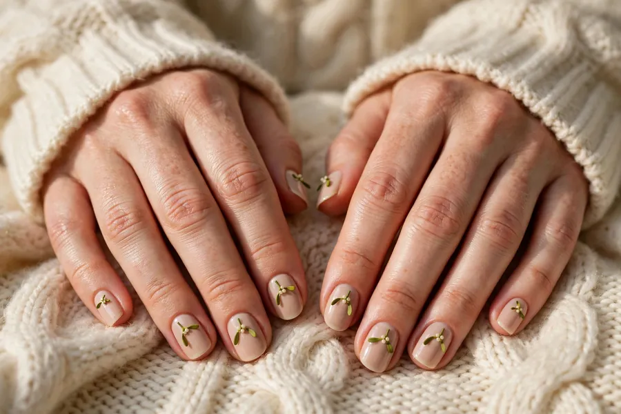 Tiny mistletoe sprig on nude mistletoe nails on real hands with a cozy sweater
