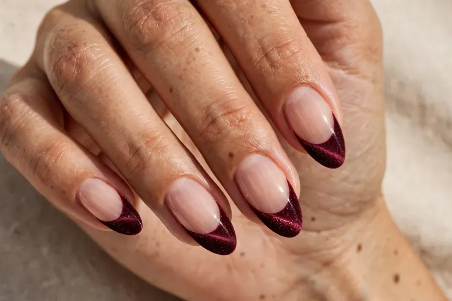 Velvet French tip nails with burgundy plush tips on real hands