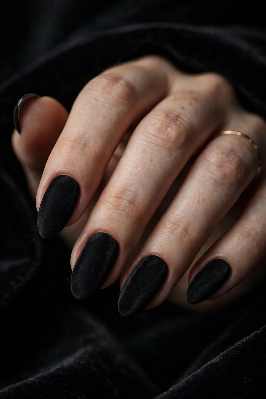 Velvet matte gothic chrome nails with soft dark finish