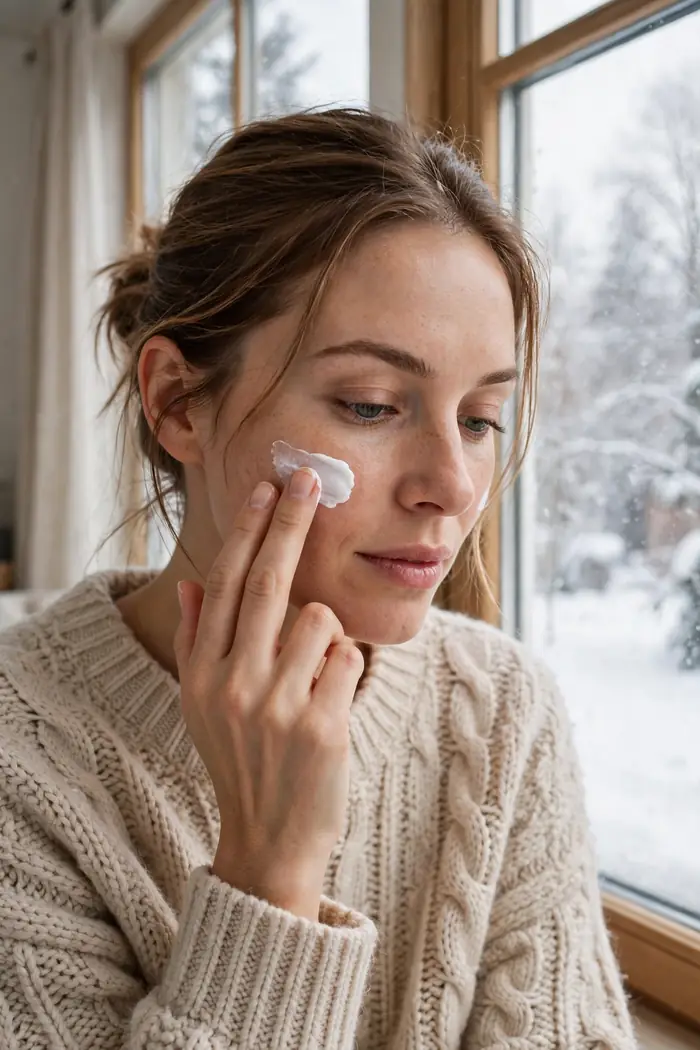 Sunscreen being applied to a woman's face on a winter morning