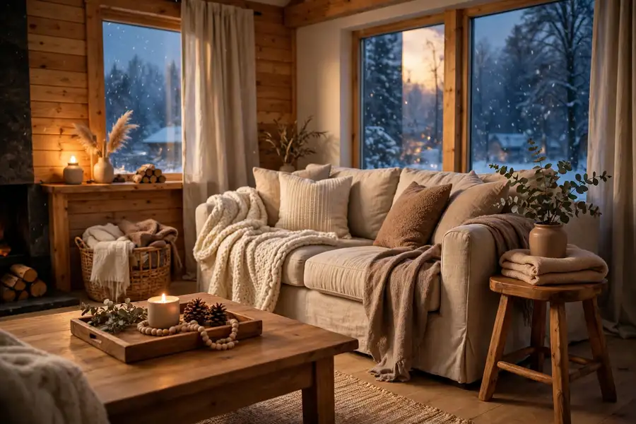 wooden coffee table and natural wood accents in a cozy winter living room