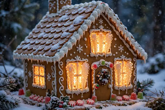 Photorealistic photograph of a gingerbread house with sparkling rock candy windows glowing warmly
