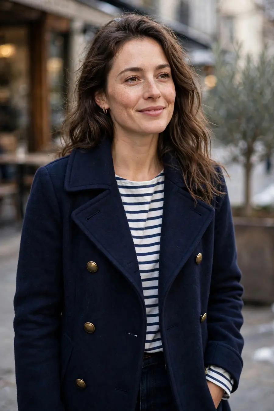 Woman in a navy peacoat over a striped Breton top with dark jeans