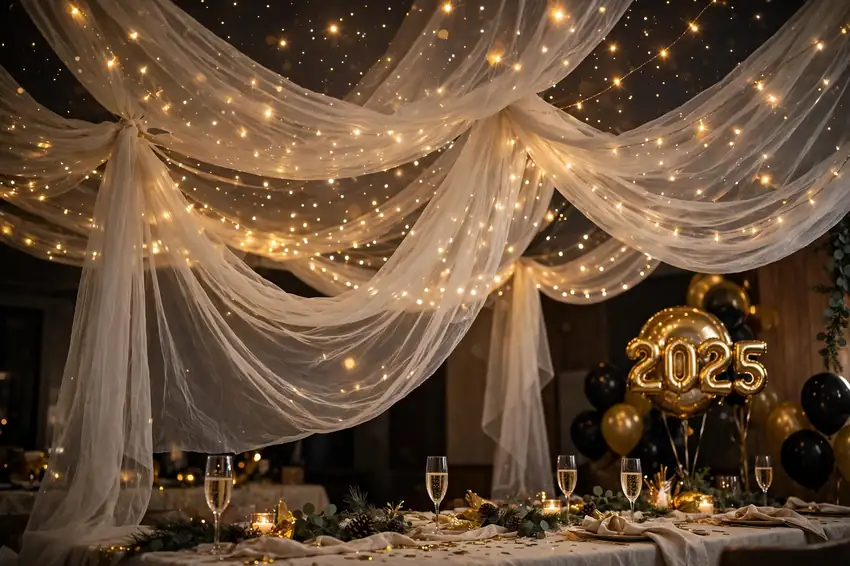 Starry ceiling draping with fairy lights for a New Year's Eve party