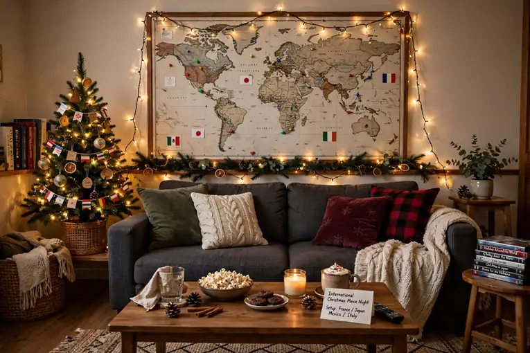 Cozy living room with world map decor and festive lights for an international Christmas movie night