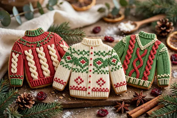 Sweater-shaped cookies with knitted icing patterns in red, green and cream