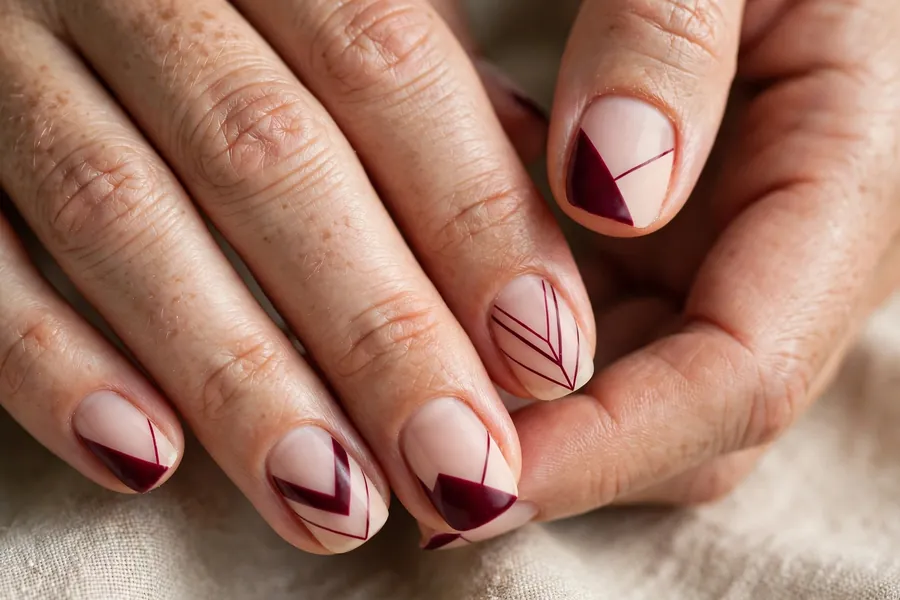 Cranberry and nude negative space nail design