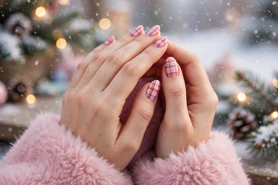 Pink preppy plaid nails for Christmas
