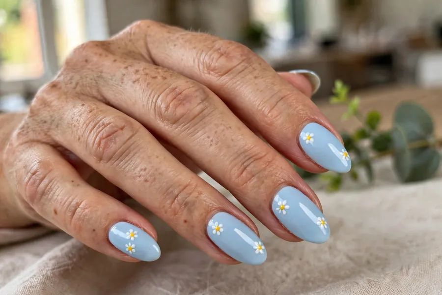 Baby blue almond nails with white floral art