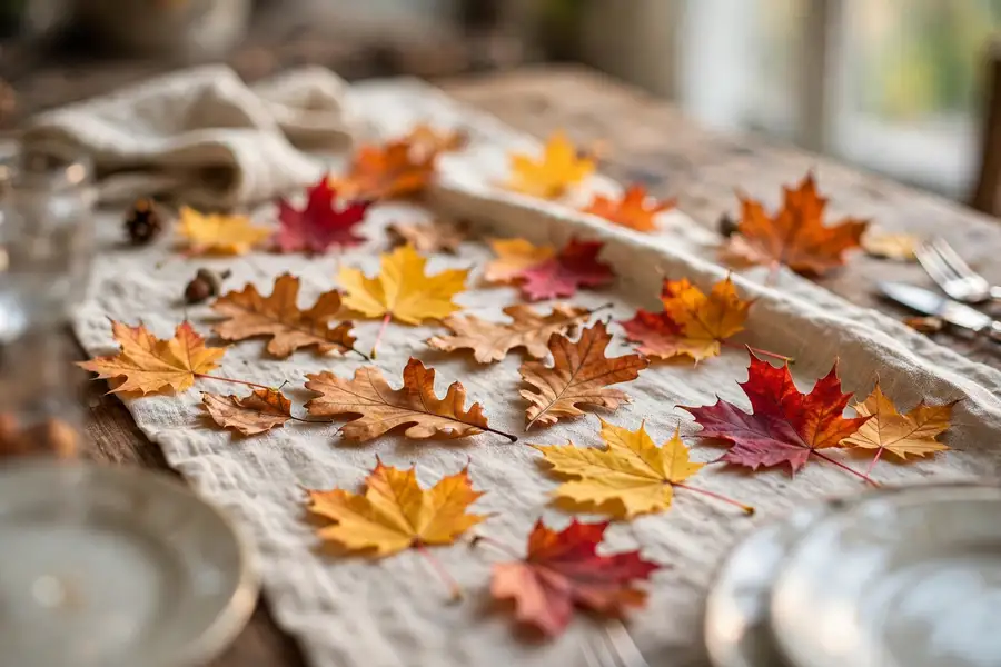 Real autumn leaves scattered along a thanksgiving table runner