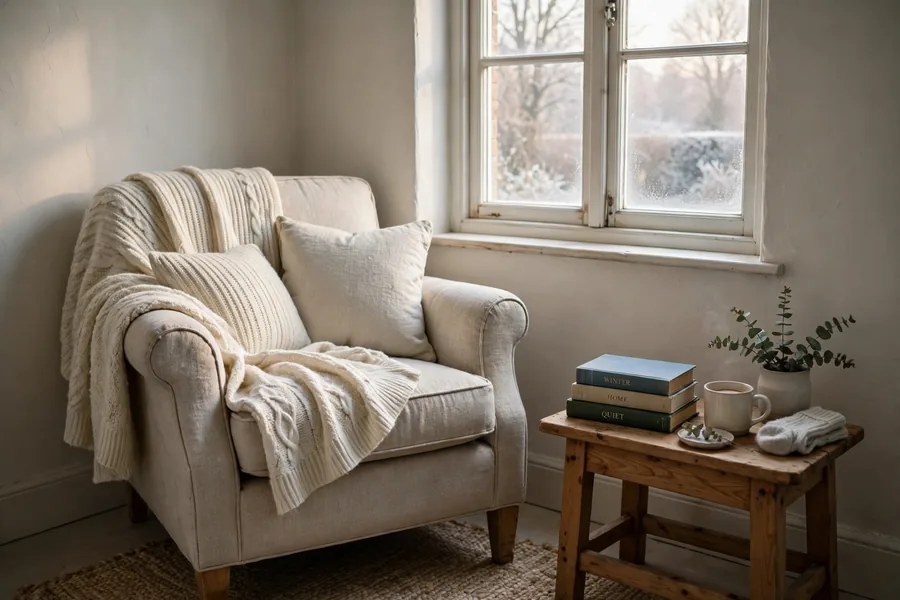 Cozy bedroom corner with an armchair blanket books and soft morning winter light