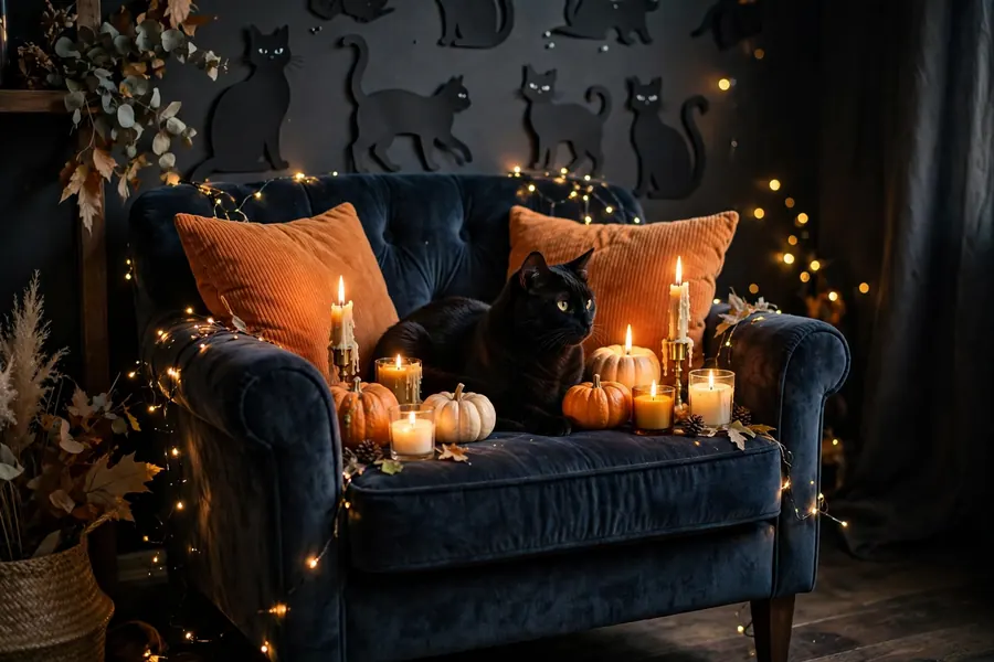 Cozy black cat themed Halloween lounge corner with velvet armchair, pumpkins and fairy lights
