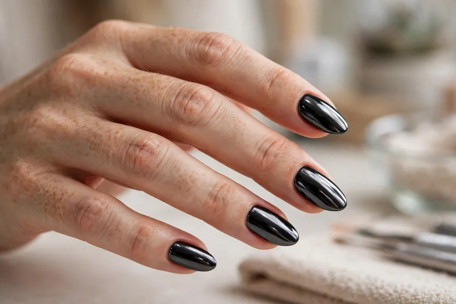 Black chrome nails with mirror shine, metallic black nails
