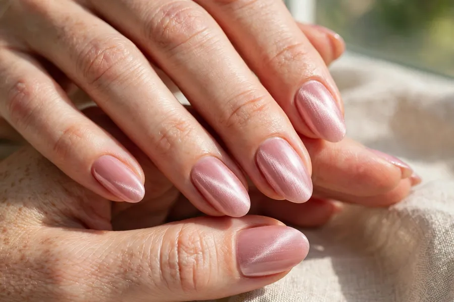 Blush velvet nails on real hands with a soft magnetic cat eye shimmer