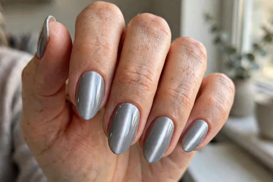 Silver cat-eye nails with moonlit shimmer