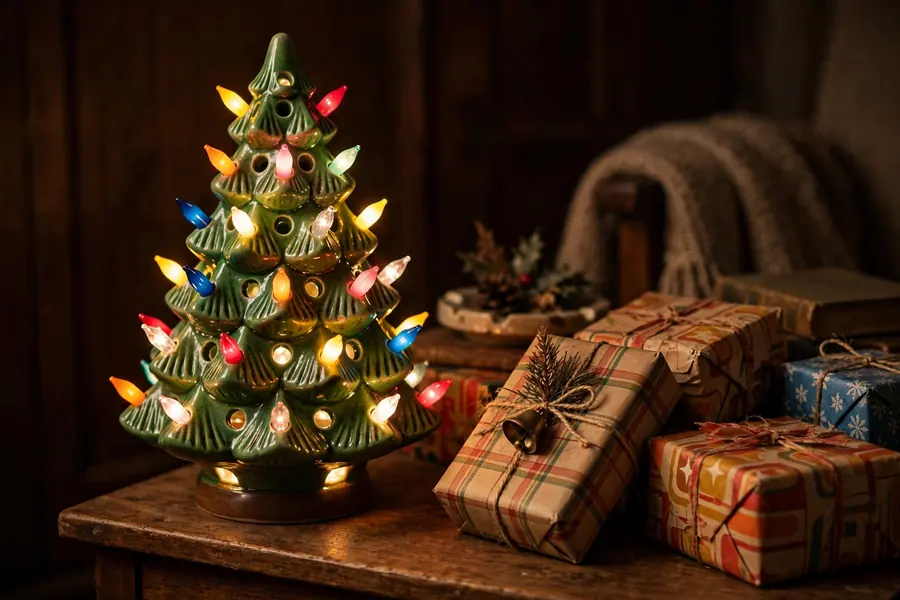 Vintage green ceramic Christmas tree with colorful glowing peg lights