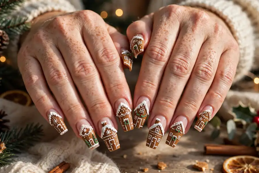 Long coffin gingerbread house nails with detailed house art on real hands