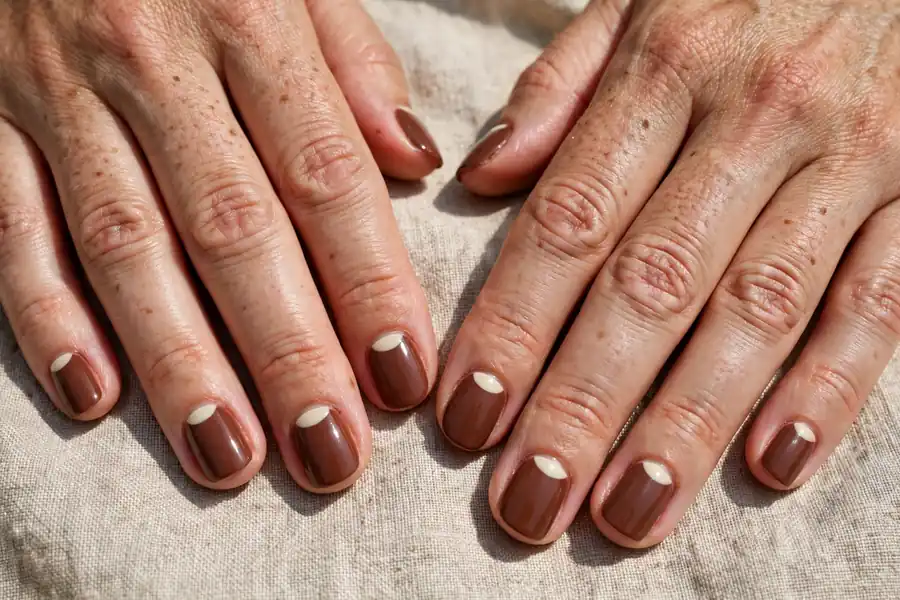 Cream and cocoa half-moon hot chocolate nails on real hands