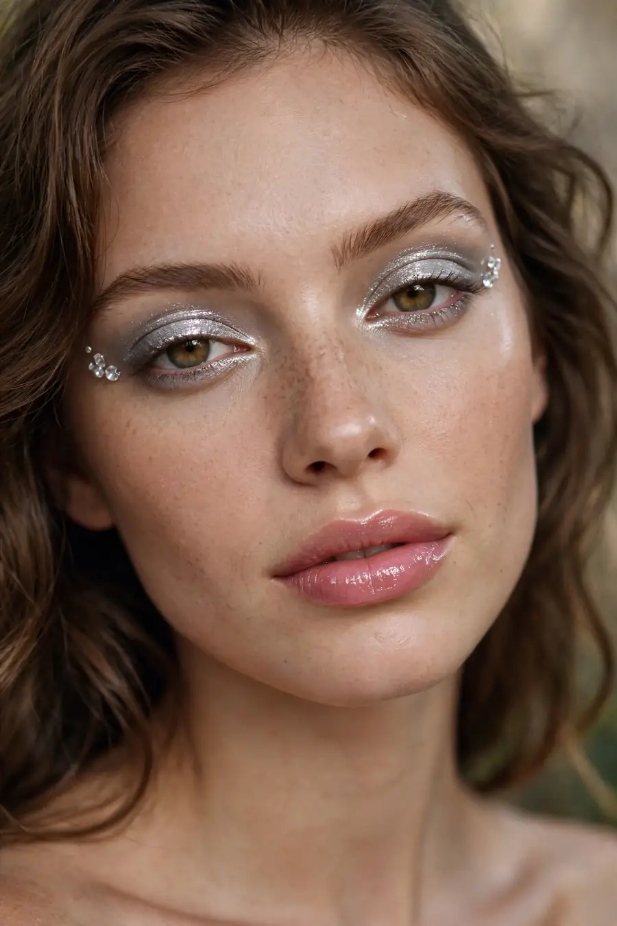 Crystal accents at the eye corners with frosted makeup