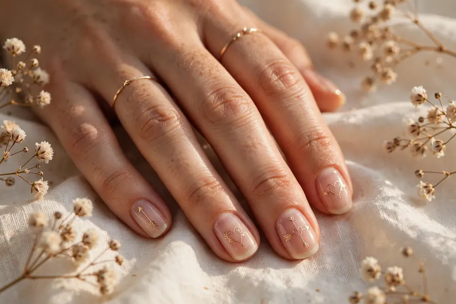 Cupid's arrow Valentine's Day nails with gold line art on sheer nude