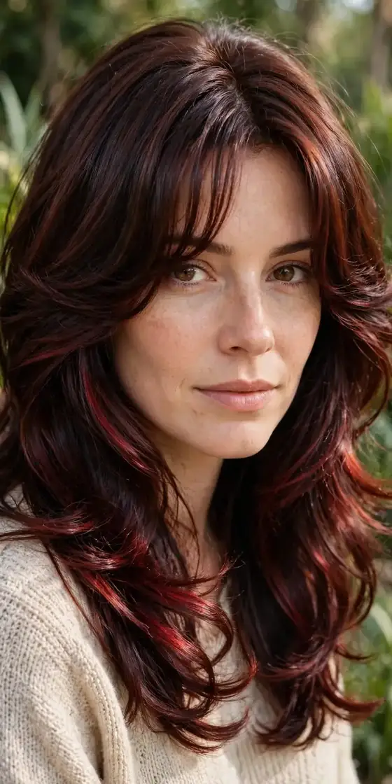 Cherry cola brunette hair with curtain bangs, layered haircut