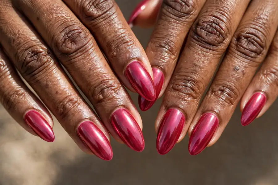 Deep pink jelly chrome nails with rich raspberry shine