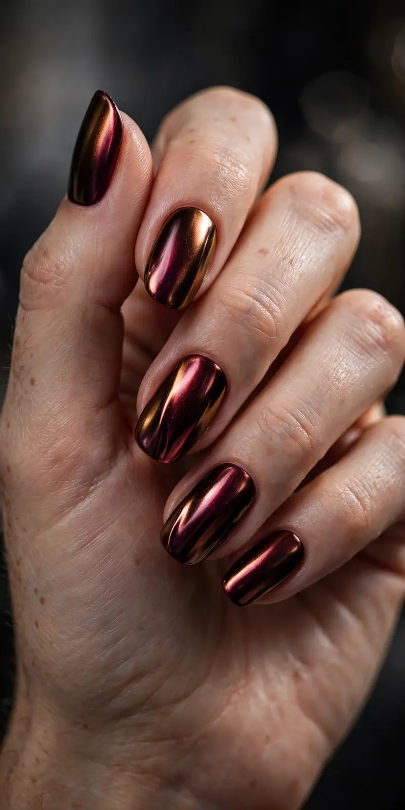 Chrome finish burgundy nails with mirror shine