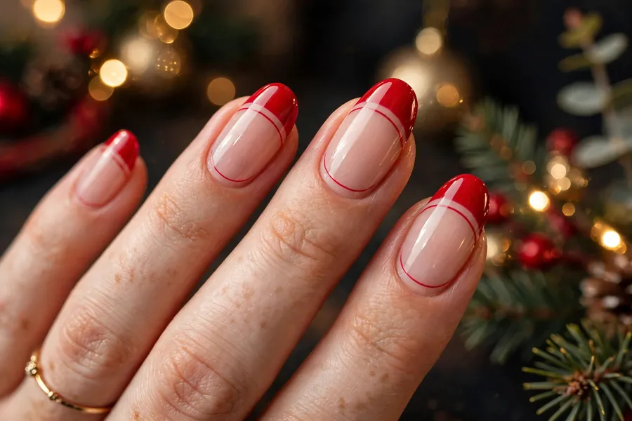 Double red French tip nail lines