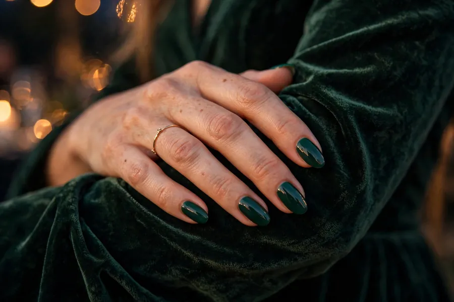 Deep emerald green glossy date night nails on real hands at an evening event