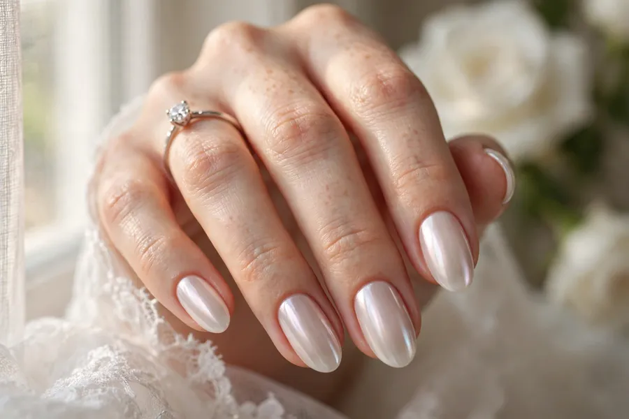 Glazed donut bridal nails with pearlescent chrome shine