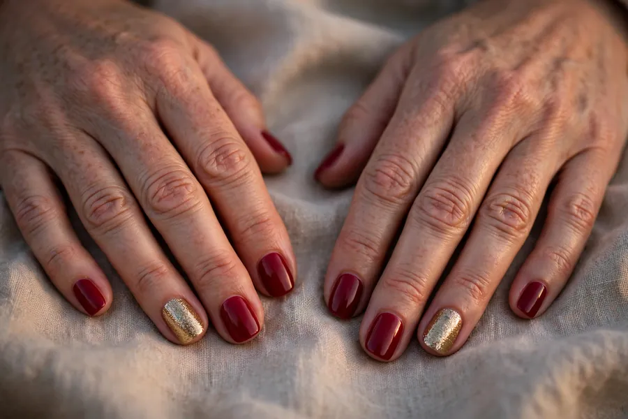 Classic red nails with a gold glitter accent nail on real hands