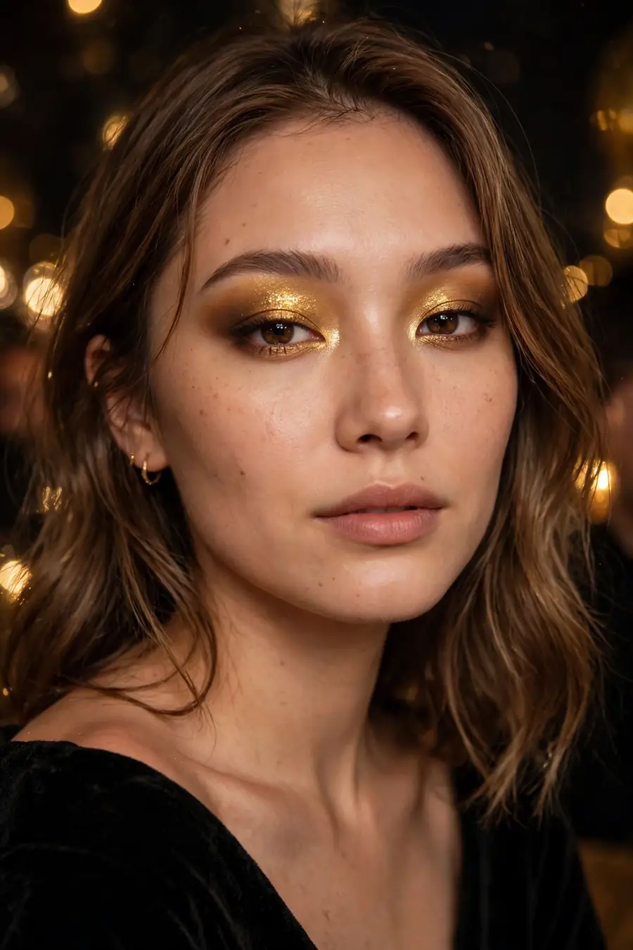 Woman with a golden halo eye, gold shimmer at the centre of the lid