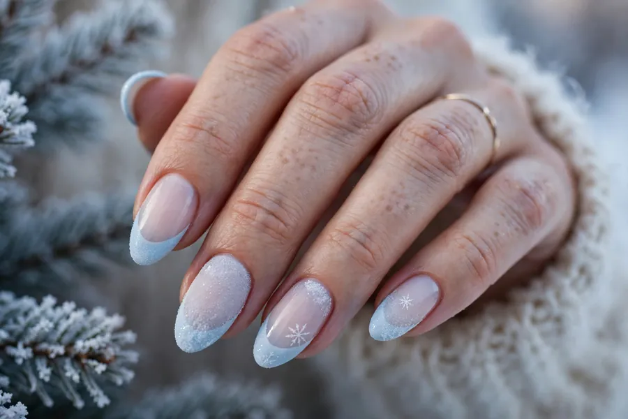 Icy blue frost Christmas French tip nails on real hands in cold winter light