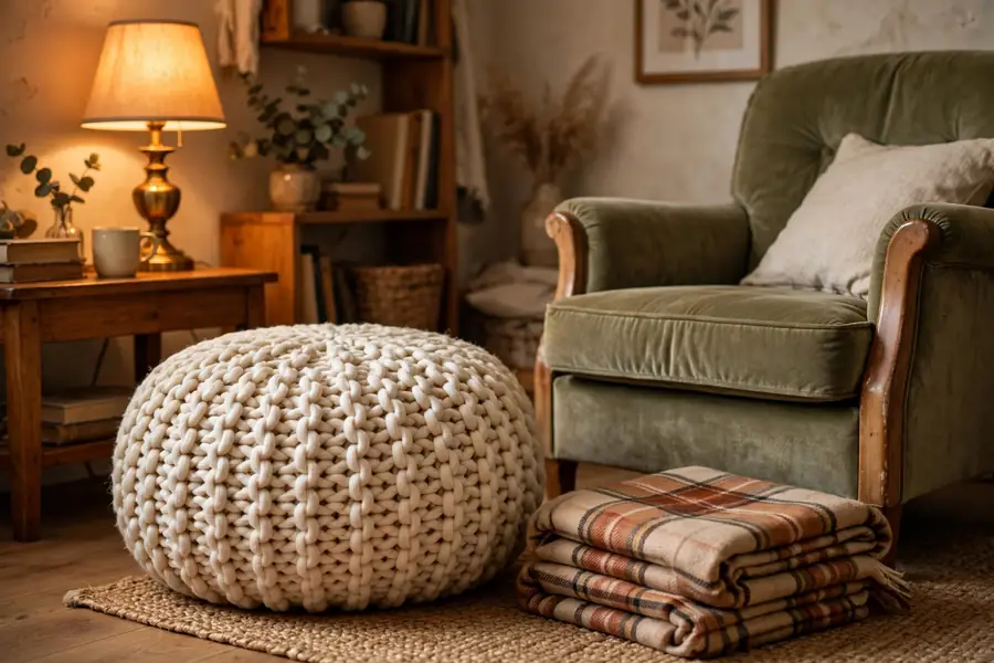 Fall home decor ideas with a chunky knit pouf beside an armchair