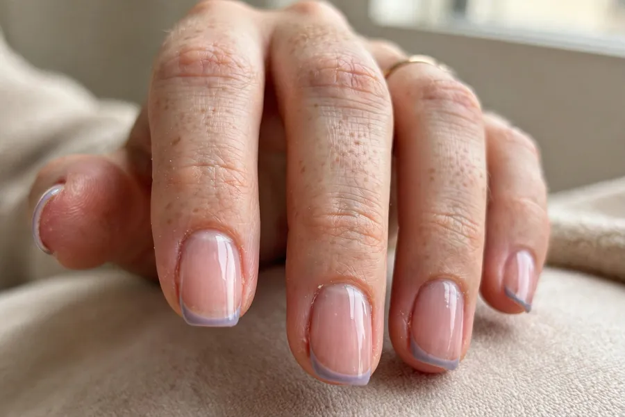 Lilac micro French tip nails on sheer base