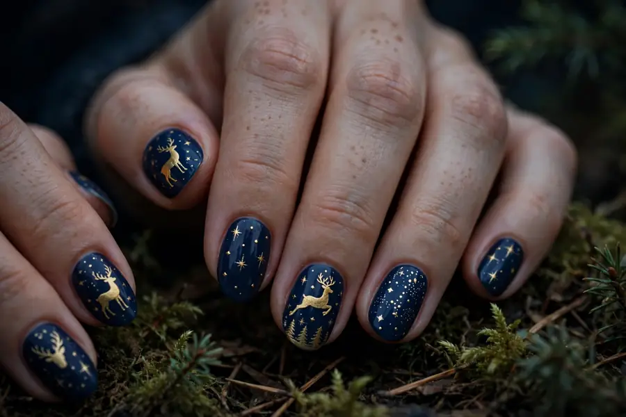 Midnight forest reindeer nails with a dark green silhouette on real hands