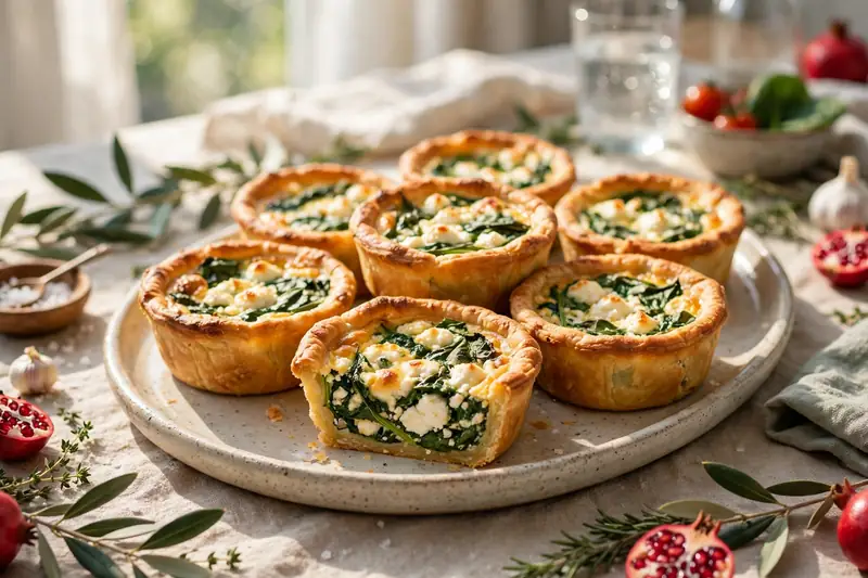 Mini quiches with spinach and feta on a serving platter