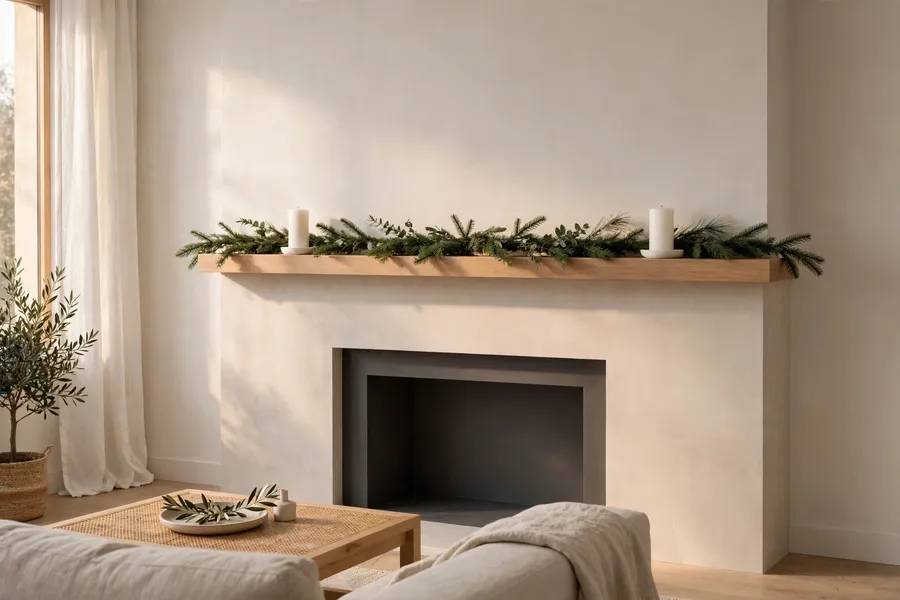 Minimalist Christmas mantel with a simple garland and two white candles