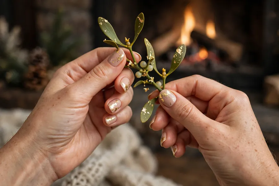 Mistletoe sprig with gold foil flakes on mistletoe nails on real hands near a fireplace