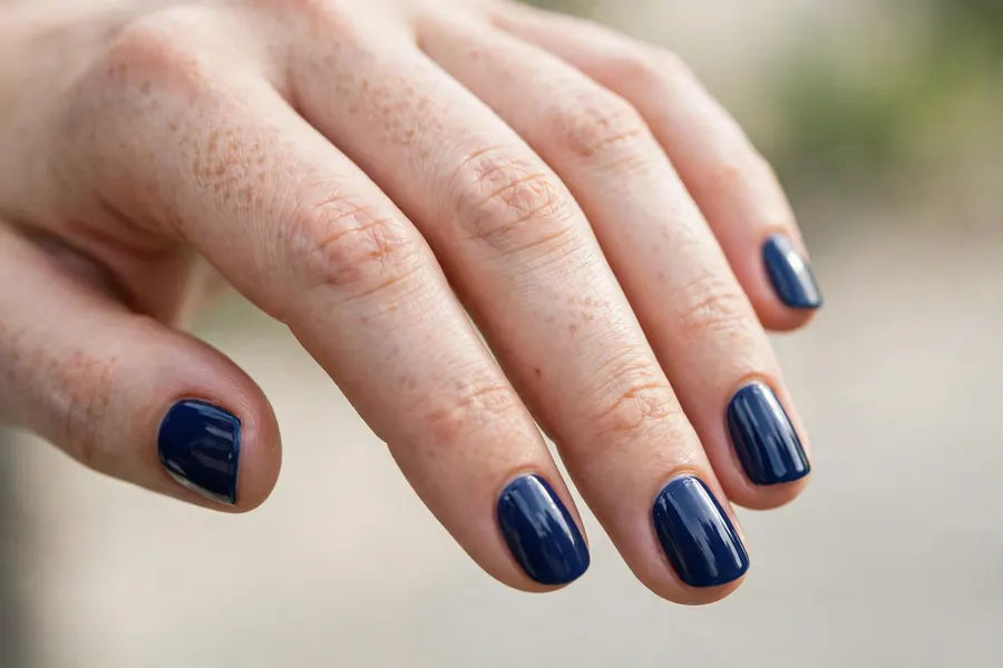 Navy blue short nail designs on real hands