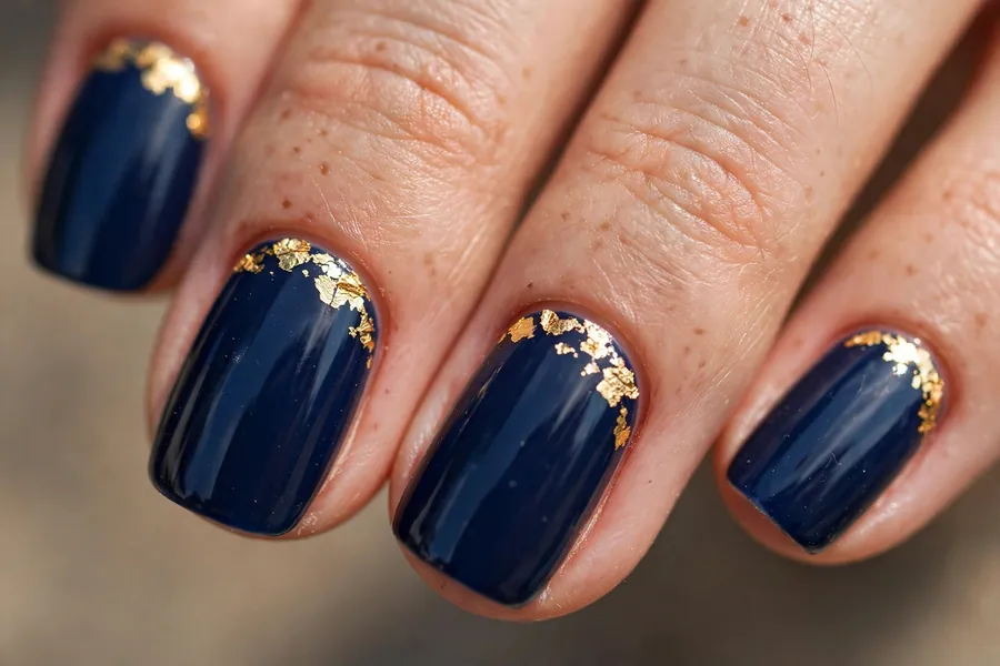 Navy blue nails with gold foil accents