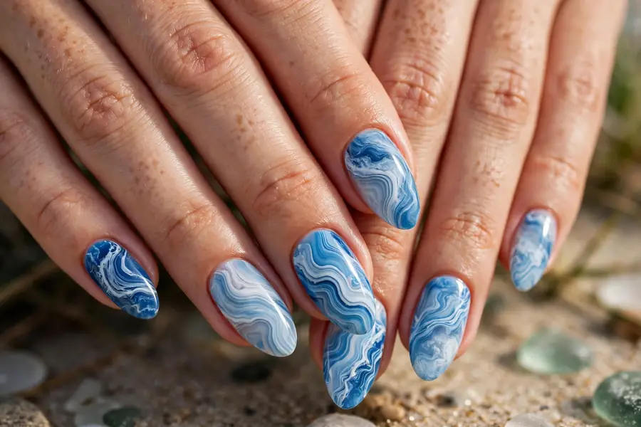 Blue and white ocean agate marble nails