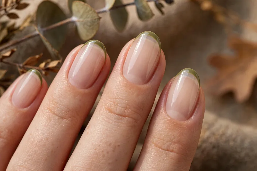Olive green micro French tip nails