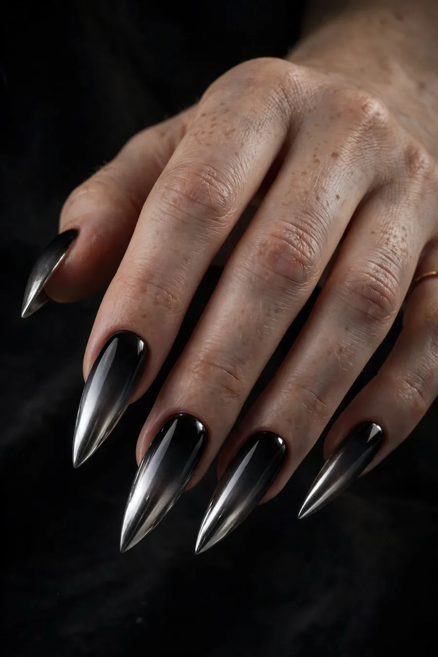 Onyx to silver ombre gothic chrome nails