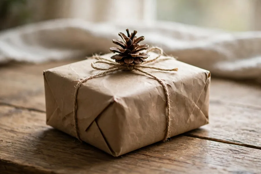 A Christmas gift wrapped in brown paper topped with a small natural pinecone