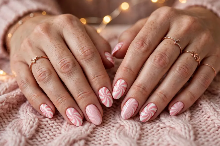 Pink peppermint nails with soft pink and white swirls on real hands