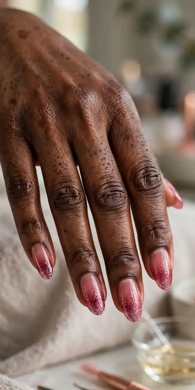 Raspberry jelly nails with a sparkling glitter gradient at the tips