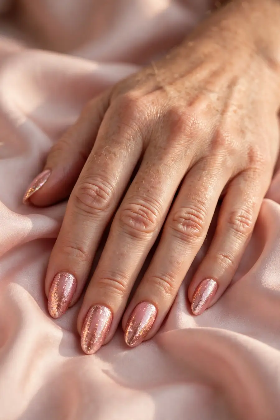 Rose gold holiday shimmer december nail ideas in soft pink with rose gold shimmer
