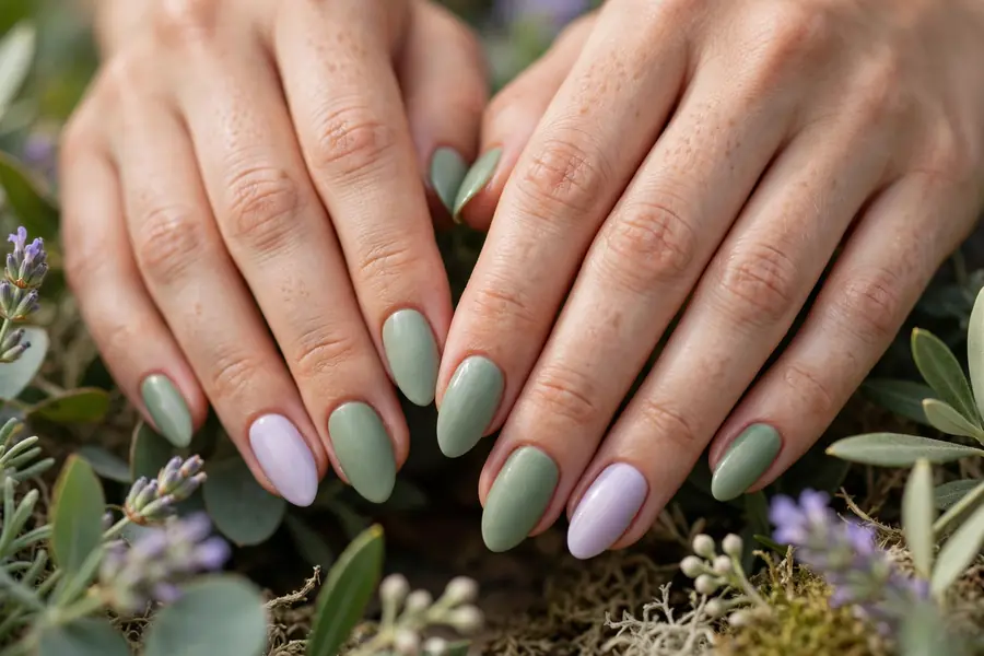 Sage green nails blended with soft lavender accents